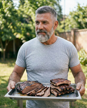 Confident Middle-Aged Man Holding Tray of Smoked BBQ Brisket and Ribs in Backyard
