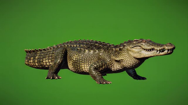 Dynamic alligator movements on vibrant green screen isolated background for natural wildlife projects