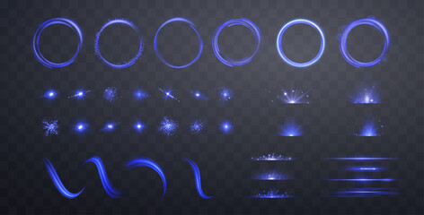 Blue lens flares, lines, flashes set. Spotlight with rays or and bokeh. Glow flare light effect. Vector illustration. © Elena