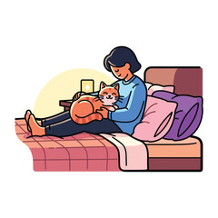Woman relaxing on bed with cat, enjoying quiet moment, domestic scene, illustration, cozy atmosphere, relaxed viewpoint