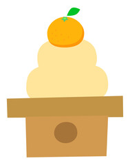 鏡餅の可愛いイラスト。葉っぱ付きみかんが乗ったお正月飾り。主線なし・シンプル・ベクター素材。