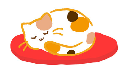 座布団の上で丸くなって眠る可愛い三毛猫。癒やしの猫キャラクターと赤いクッション。ベクター素材。