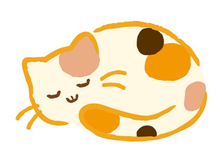 幸せそうに寝ている三毛猫のイラスト。お昼寝中のねこ。シンプルでポップな動物アイコン・白背景。