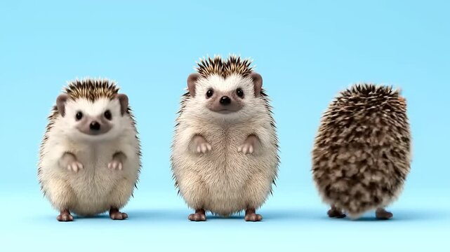 Three adorable baby hedgehogs with spiky fur stand curiously facing forward and sideways against a plain sky blue studio backdrop.