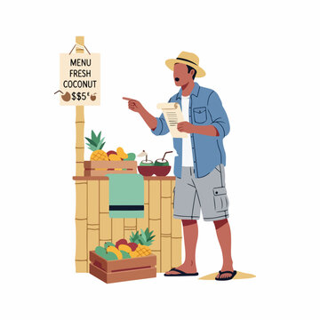 Tropical Fruit and Coconut Vendor Selling Fresh Drinks at a Beachside Market Stall