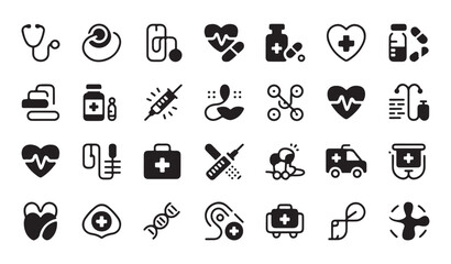 Fototapeta premium Diverse medical and healthcare icons in silhouette, medical technology and science themes