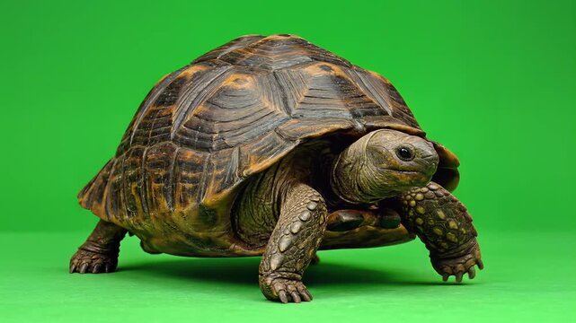 A large land tortoise demonstrates its unhurried pace against an isolated green chroma key background