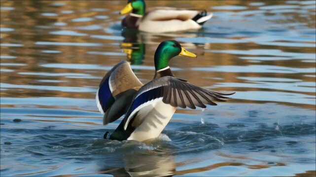 Mallard duck flapping wings on calm water surface