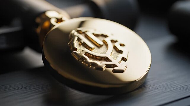 Bitcoin cryptocurrency logo on medal.