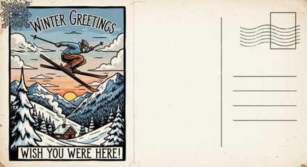 Vintage Skiing Postcard with Winter Greetings Message. © ahmad