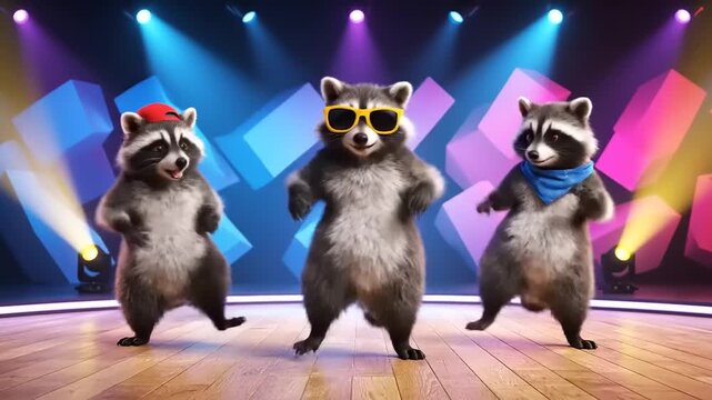 Three cool, anthropomorphic raccoons dancing energetically on a brightly lit stage with abstract geometric shapes and colorful spotlights, showcasing a fun, vibrant party atmosphere.