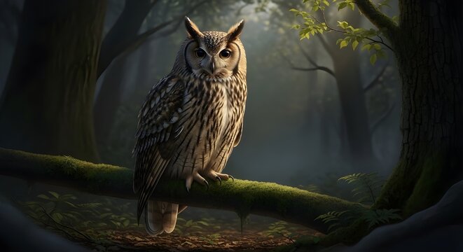 Full body owl standing in shadowy forest with soft ambient light, emphasizing silent nocturnal presence and mysterious woodland ambiance.