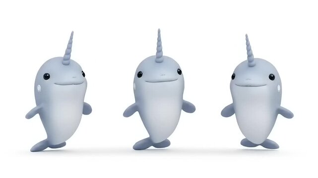 Three adorable, smiling 3D cartoon narwhals with prominent tusks, playfully posing with fins outstretched, on a clean white background, conveying joy and whimsy in a cute marine mammal depic