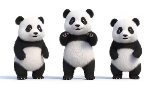 Three adorable, fluffy baby panda bears posing together in a playful, endearing, 3D rendered studio shot against a clean white background.