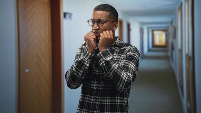 Young man with hands to mouth in a long interior building hallway, wearing glasses and plaid shirt; anxiety.