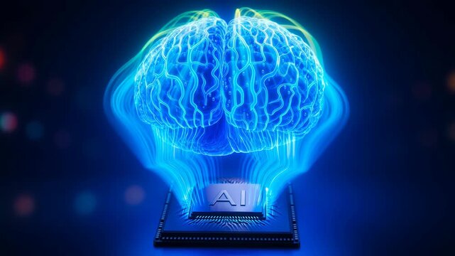 AI CPU Circuit Board with glowing blue brain representing Artificial Intelligence technology