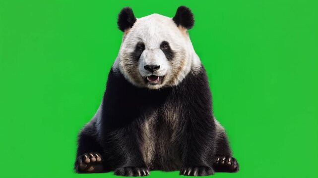 An enchanting giant panda, isolated on a bright green screen, offers captivating visuals for documentaries, educational materials, and engaging