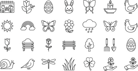 Spring and Easter line icons vector set with bunny eggs flowers butterflies garden nature and seasonal holiday symbols isolated on white background © Jahangir