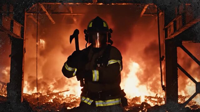 Firefighter battling massive blaze inside burning structure emergency response heroism and safety concept