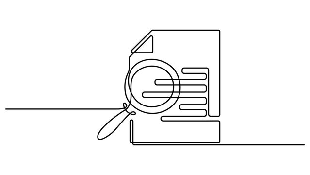 Continuous one line drawing of Paper document with magnifying glass. Office notes concept. Business analysis concept. Single line drawing illustration. Editable vector