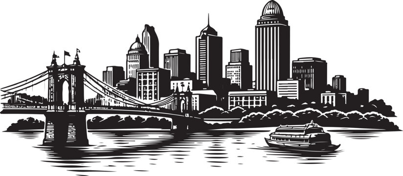 Cincinnati Skyline Silhouette, Vector Illustration, Isolated on White Background