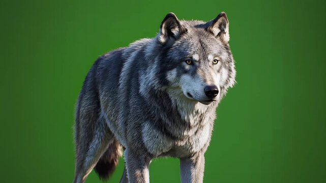 Majestic grey wolf standing calmly on a vivid green screen background providing versatile alpha channel opportunities for any creative visual project