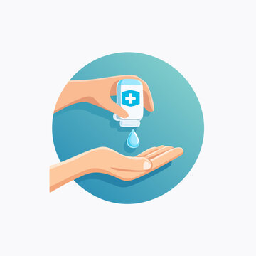 Hand sanitizer dispensing into palm for hygiene and health.