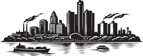 Detroit Skyline Silhouette, Vector Illustration, Isolated on White Background © Hin