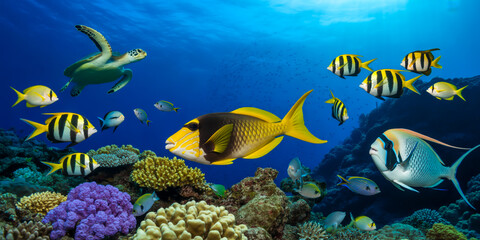 Obraz premium Marine Ecosystem with Sea Turtle and Schools of Fish