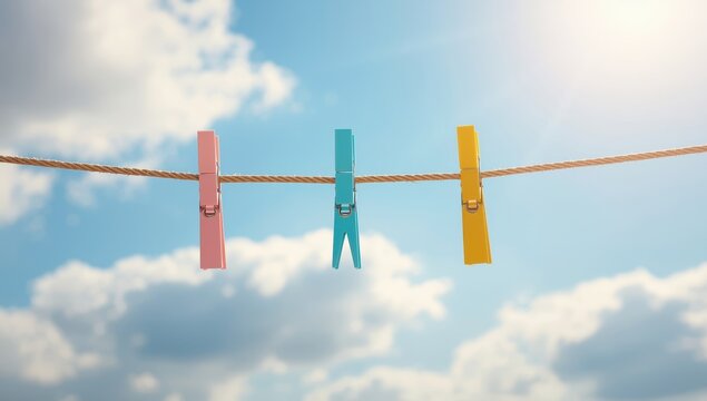 A clothesline holds three clothespins: pink, blue, and yellow