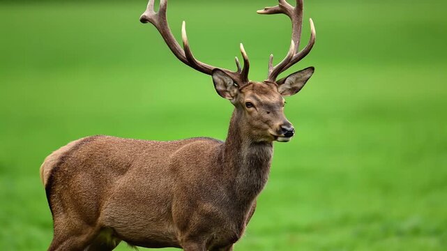 Majestic Red Deer Stag with Impressive Antlers Standing Gracefully in a Verdant Green Meadow