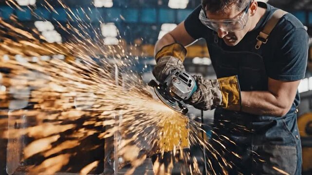 Worker grinding metal creating bright sparks in an industrial workshop environment