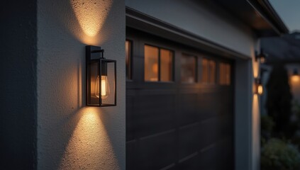 A light fixture is placed by the garage entrance