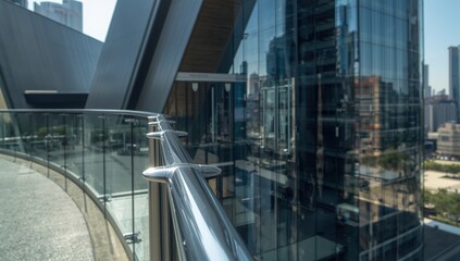 Fototapeta premium A metallic glass railing overlooks a building, featuring a glossy, reflective finish