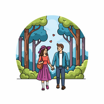 A cartoon illustration of a couple in a forest