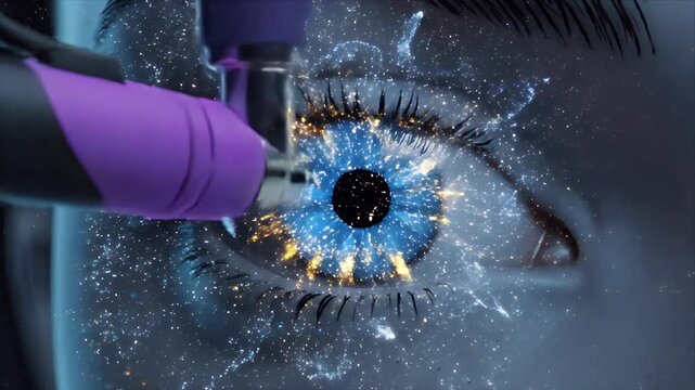 Detailed 3D CGI visualization of advanced ophthalmology laser treatment targeting eye iris for customized medical