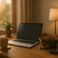 Fototapeta premium Cozy home office desk with sleeping cat and laptop