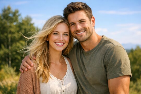 Attractive young couple with blonde-haired woman and an appealing man outside