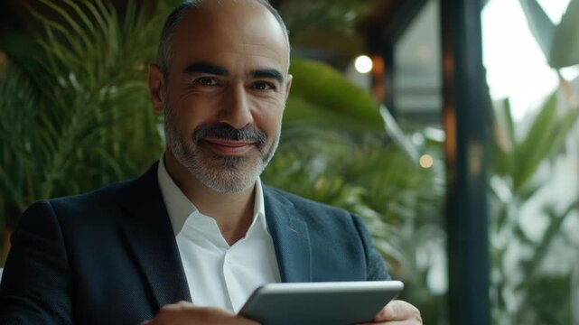 Man with gray hair and beard in suit laughing at his tablet screen, posing for a business portrait, blurry background indicative of indoor office space, professional attire.