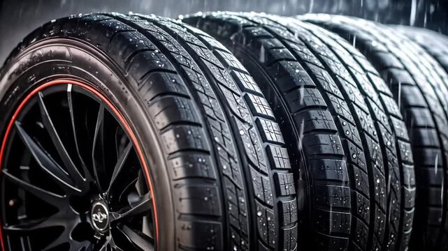 Wet car tires lined up outdoors.