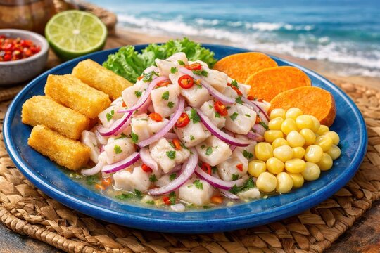 Ceviche de pota with fried yucca, corn, and sweet potato on a blue dish