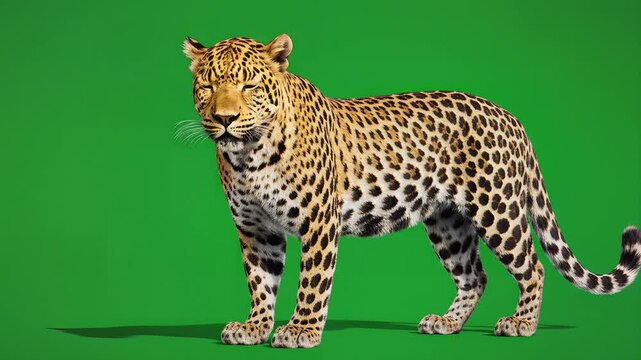 majestic spotted big cat walking across a digital greenscreen studio background an animated leopard for visual effects compositing a wild feline