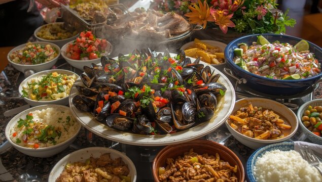 Choritos a la chalaca Seafood ceviche Variety of dishes Peruvian comfort food buffet
