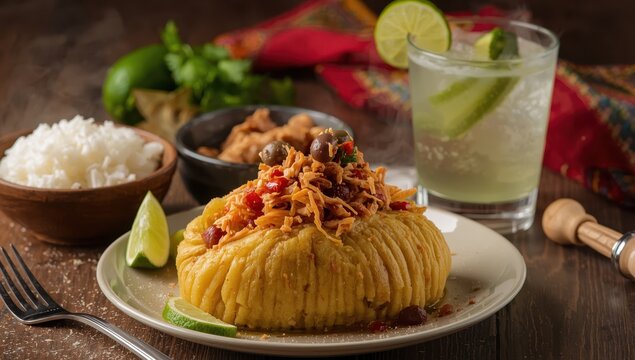 Classic Peruvian potato filled with spicy shredded chicken and botija olives