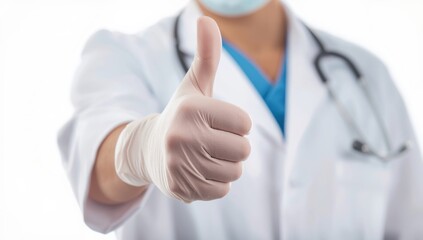 Close-up of a doctor in gloves giving a thumbs up against a white backdrop