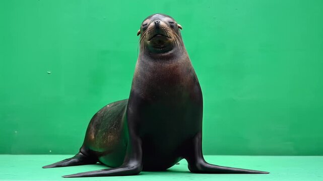 Majestic sea lion stands tall on a vibrant green screen, presenting its playful and curious nature, perfect for dynamic visual compositions and