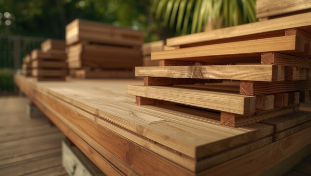 Close-up outdoor image of layered larch deck boards with selective blur