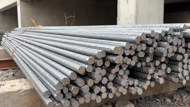 A bundle of metal rods rests on a concrete surface. The rods are cylindrical with textured surfaces and tied together. Background consists of concrete structure