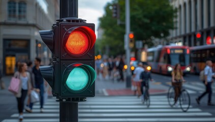 Contemporary traffic signal showing red and green at crosswalk