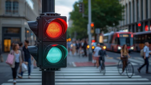 Contemporary traffic signal showing red and green at crosswalk